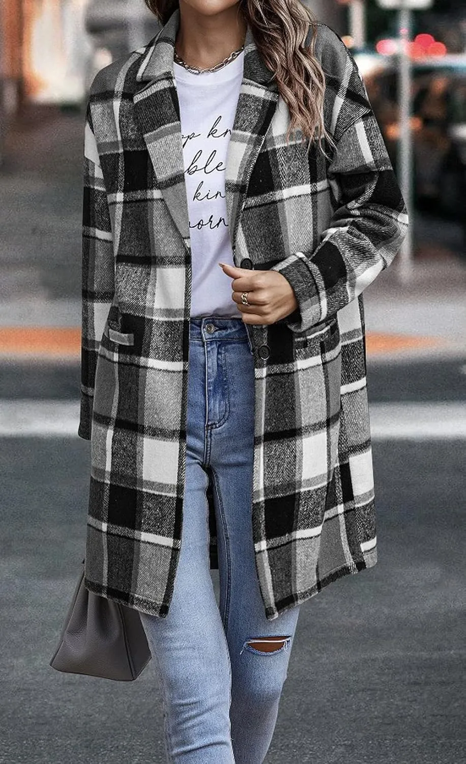 CHARTOU Women's Plaid Shacket Causal Notched Collar Wool Blend Tartan Blazer Trench Coat