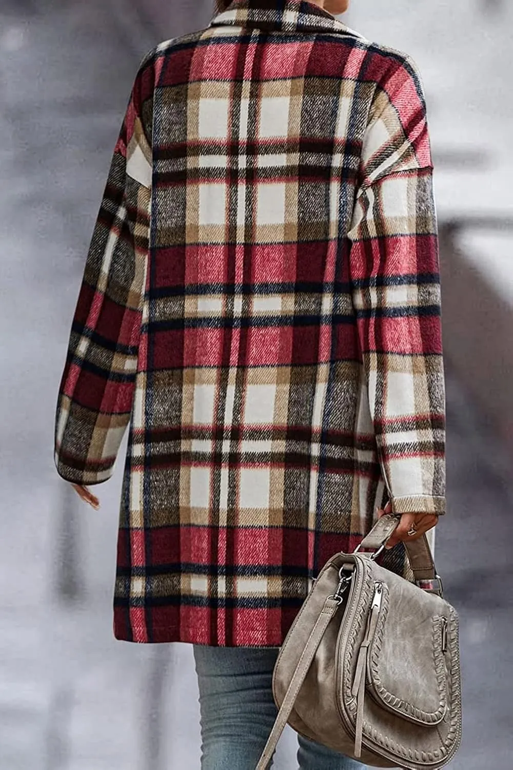 CHARTOU Women's Plaid Shacket Causal Notched Collar Wool Blend Tartan Blazer Trench Coat