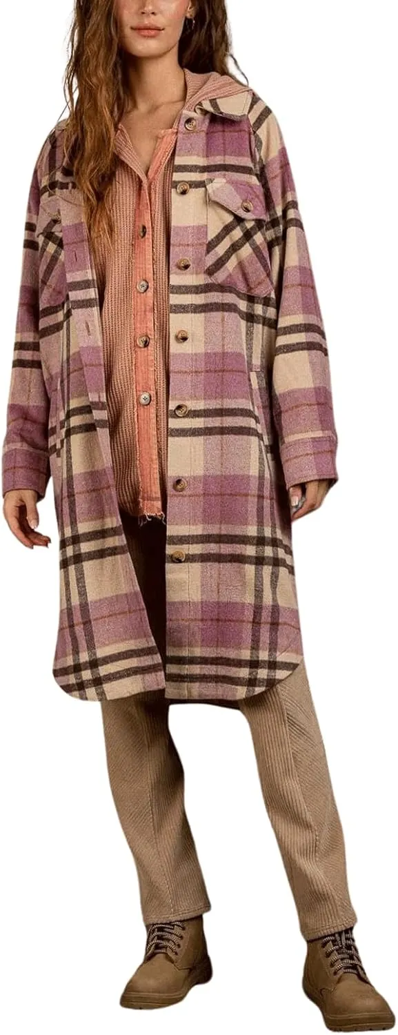 CHARTOU Women's Winter Plaid Trench Coat Turndown Collar Button Down Jacket Loose Long Pea Coat with Pockets