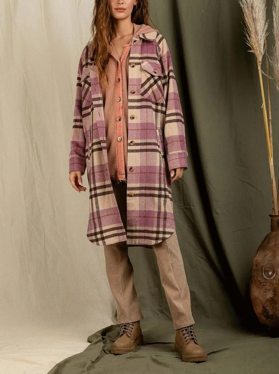 CHARTOU Women's Winter Plaid Trench Coat Turndown Collar Button Down Jacket Loose Long Pea Coat with Pockets