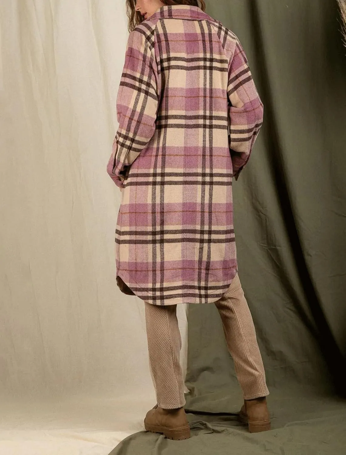 CHARTOU Women's Winter Plaid Trench Coat Turndown Collar Button Down Jacket Loose Long Pea Coat with Pockets