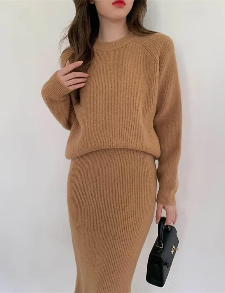 chouyatou Women's Two Piece Sweater Skirt Sets Knit Sweater Top Bodycon Skirt 2 Piece Outfits