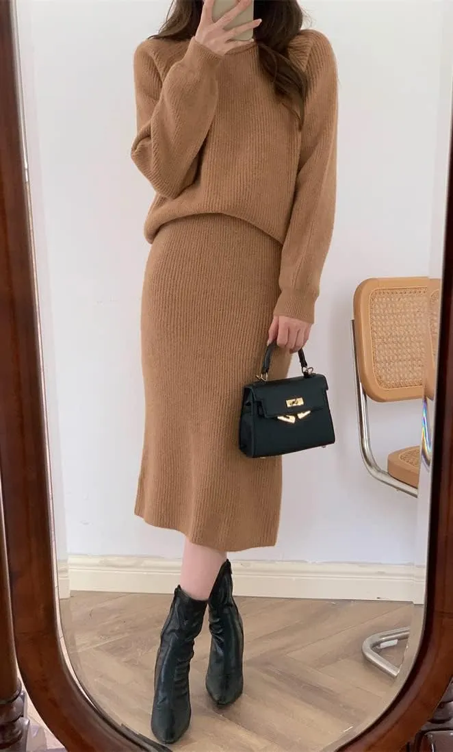 chouyatou Women's Two Piece Sweater Skirt Sets Knit Sweater Top Bodycon Skirt 2 Piece Outfits