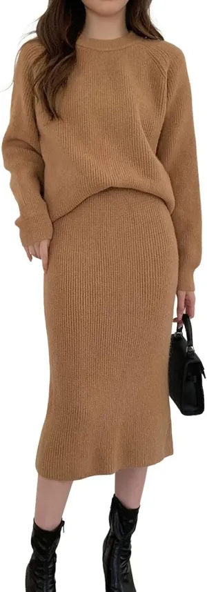 chouyatou Women's Two Piece Sweater Skirt Sets Knit Sweater Top Bodycon Skirt 2 Piece Outfits