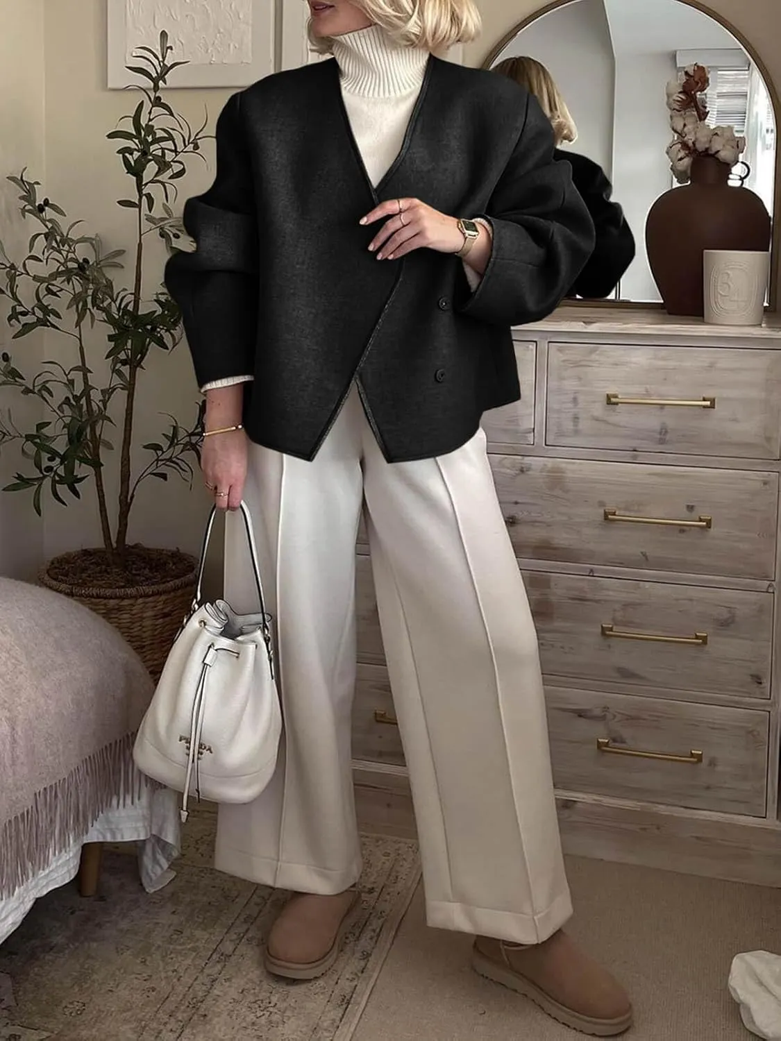 Cicy Bell Womens Cropped Wool Jackets Fall V Neck Short Pea Coats Single Breasted Outerwear Winter Outfits