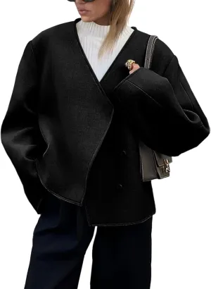 Cicy Bell Womens Cropped Wool Jackets Fall V Neck Short Pea Coats Single Breasted Outerwear Winter Outfits