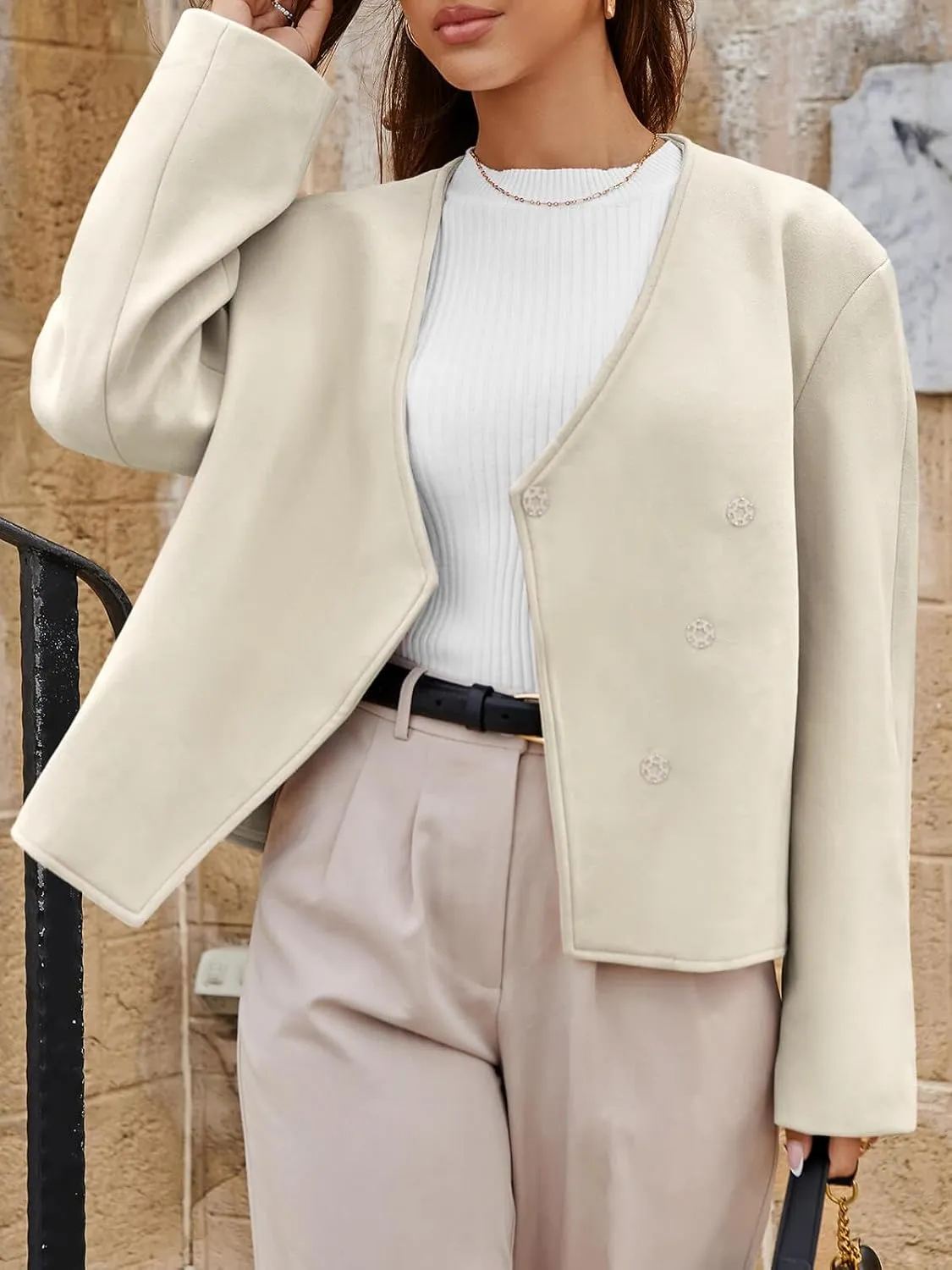 Cicy Bell Womens Cropped Wool Jackets Fall V Neck Short Pea Coats Single Breasted Outerwear Winter Outfits