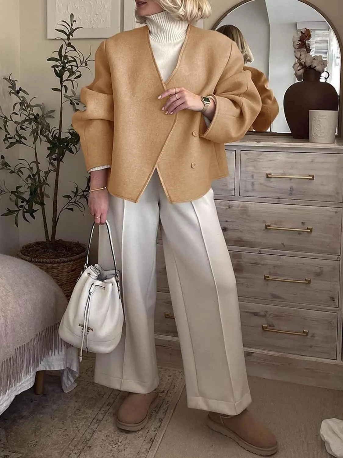 Cicy Bell Womens Cropped Wool Jackets Fall V Neck Short Pea Coats Single Breasted Outerwear Winter Outfits