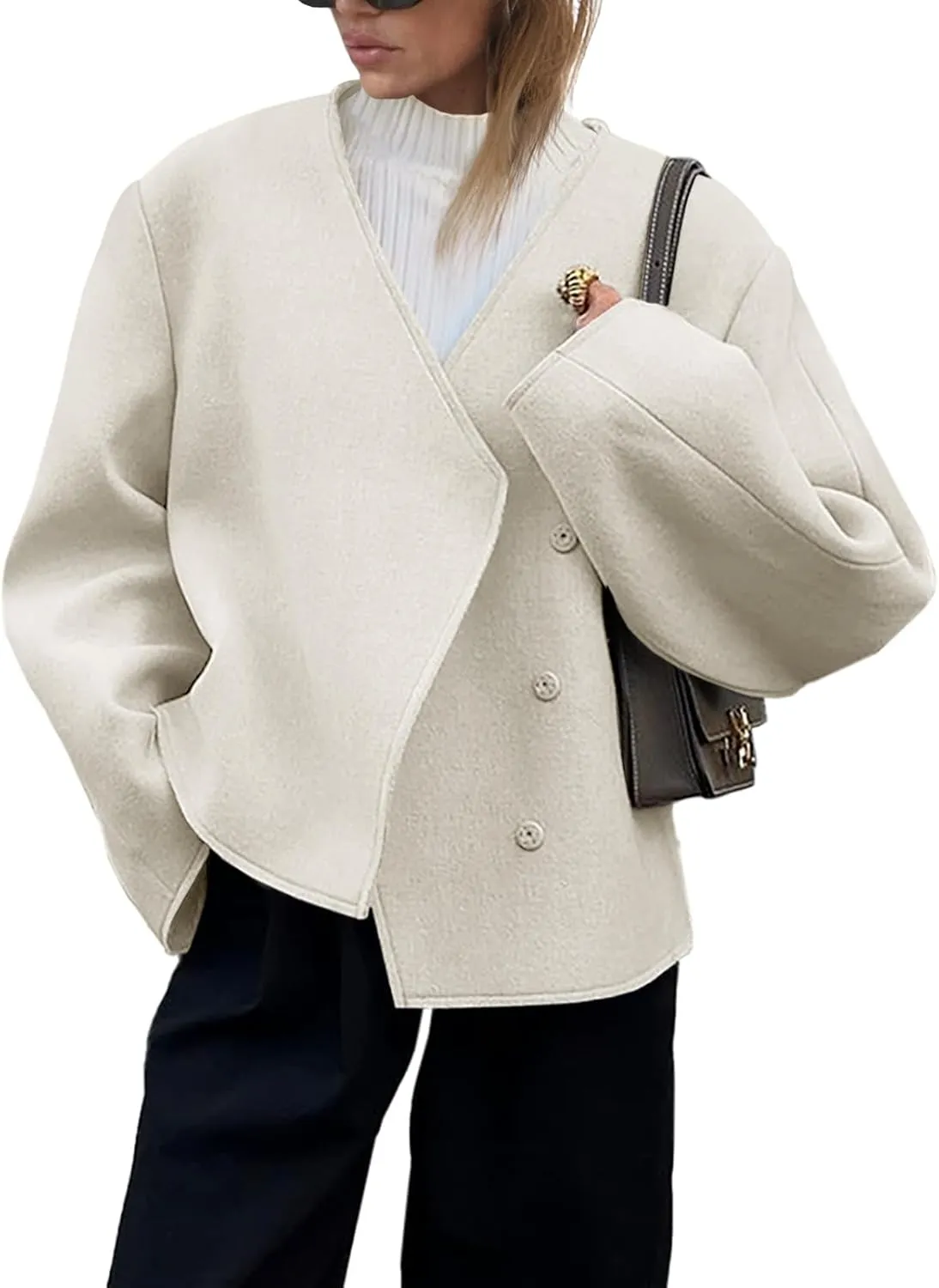 Cicy Bell Womens Cropped Wool Jackets Fall V Neck Short Pea Coats Single Breasted Outerwear Winter Outfits