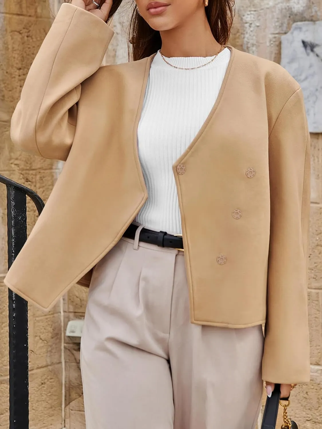 Cicy Bell Womens Cropped Wool Jackets Fall V Neck Short Pea Coats Single Breasted Outerwear Winter Outfits