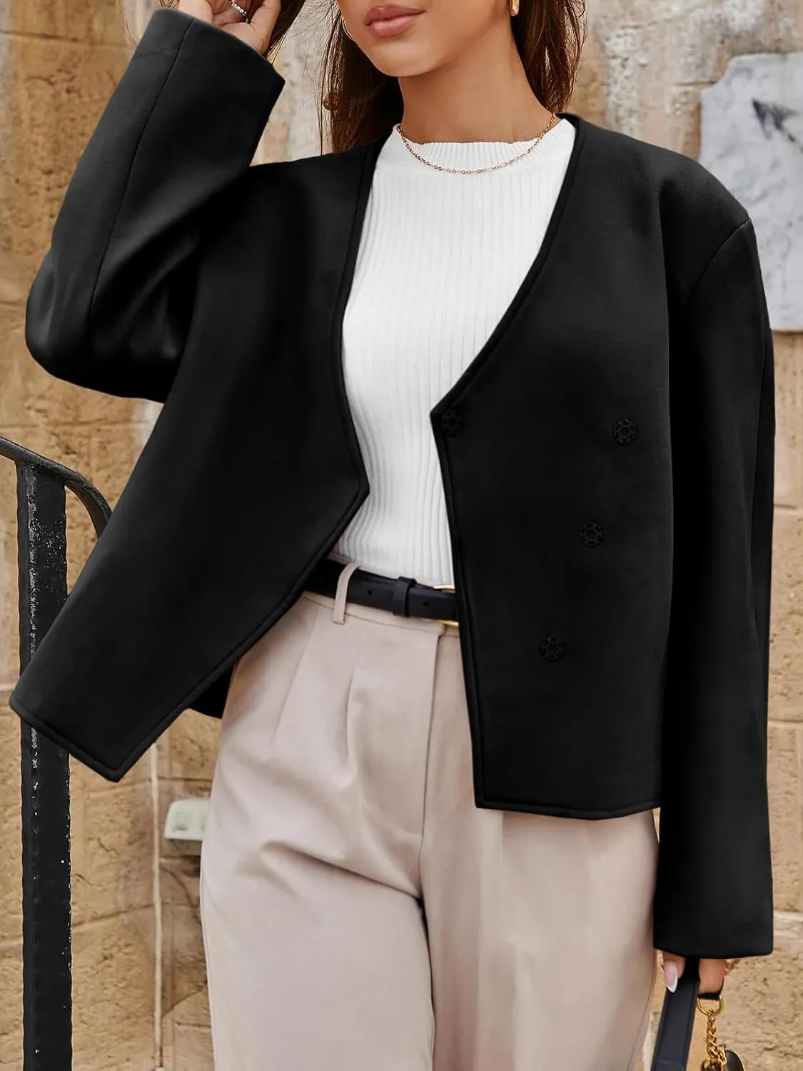 Cicy Bell Womens Cropped Wool Jackets Fall V Neck Short Pea Coats Single Breasted Outerwear Winter Outfits
