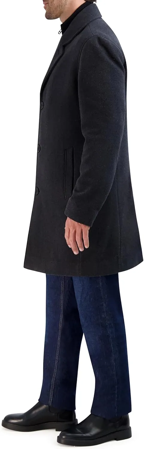 Cole Haan Men's Car Coat with Rib Knit Bib and Faux Leather Detail