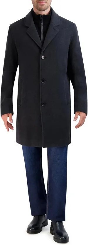 Cole Haan Men's Car Coat with Rib Knit Bib and Faux Leather Detail