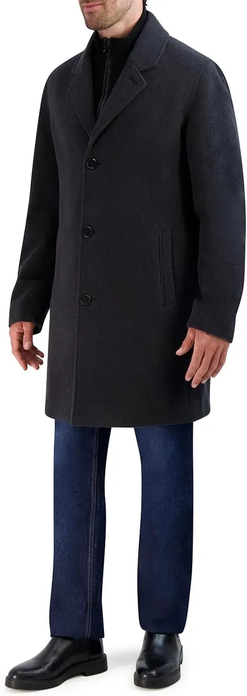 Cole Haan Men's Car Coat with Rib Knit Bib and Faux Leather Detail