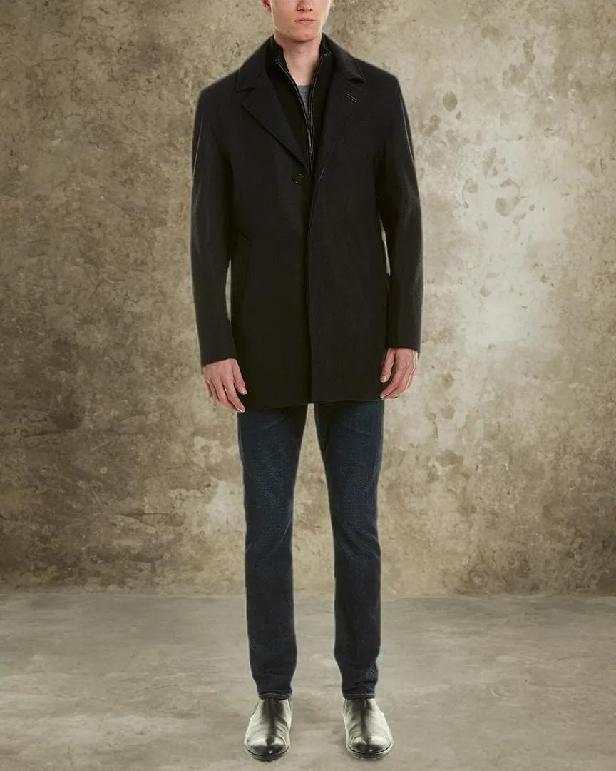 Cole Haan Men's Classic Melton Top Coat with Faux Leather Details