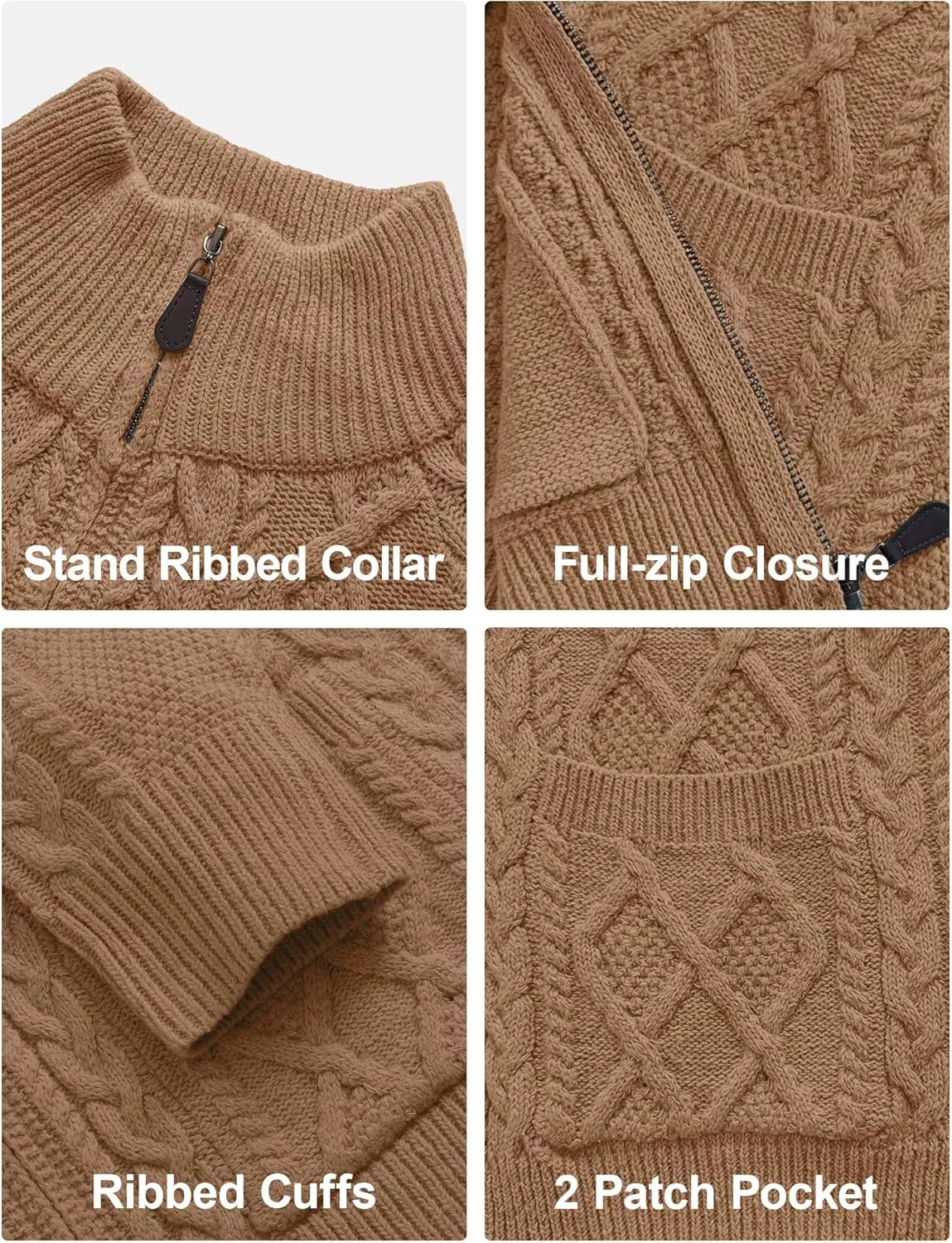 Comdecevis Men's Cardigan Sweaters Full Zip Up Stand Collar Slim Fit Cable Knitted Sweater with Pockets