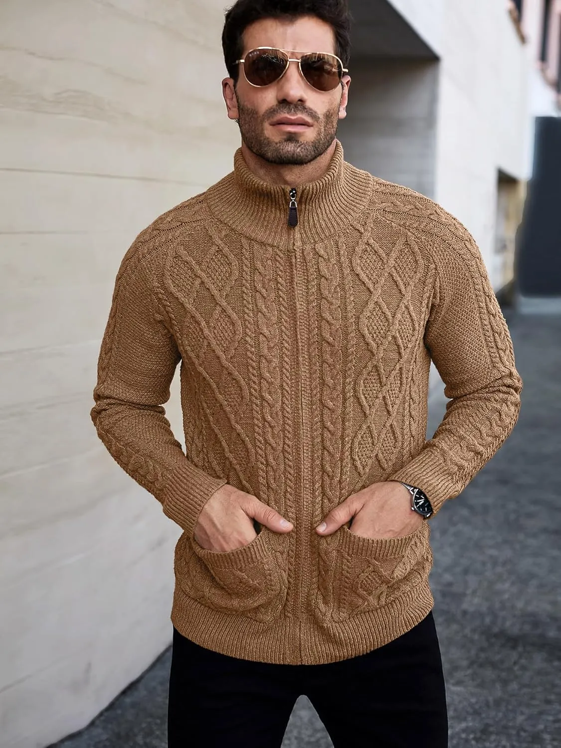Comdecevis Men's Cardigan Sweaters Full Zip Up Stand Collar Slim Fit Cable Knitted Sweater with Pockets