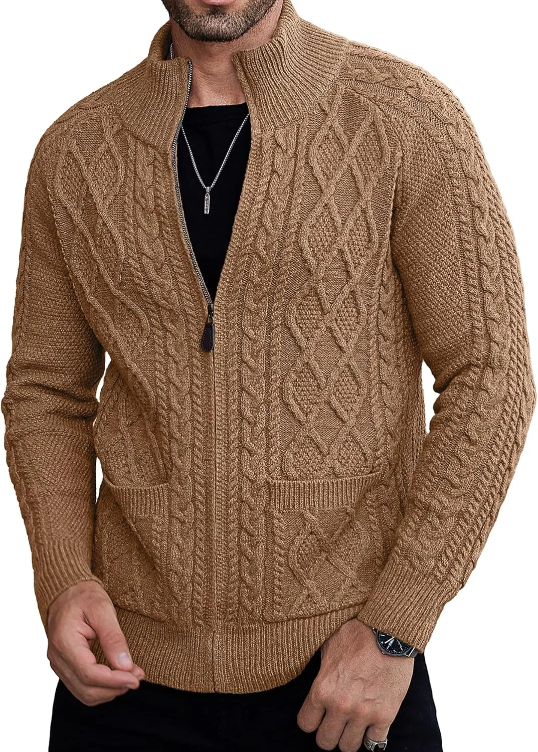 Comdecevis Men's Cardigan Sweaters Full Zip Up Stand Collar Slim Fit Cable Knitted Sweater with Pockets