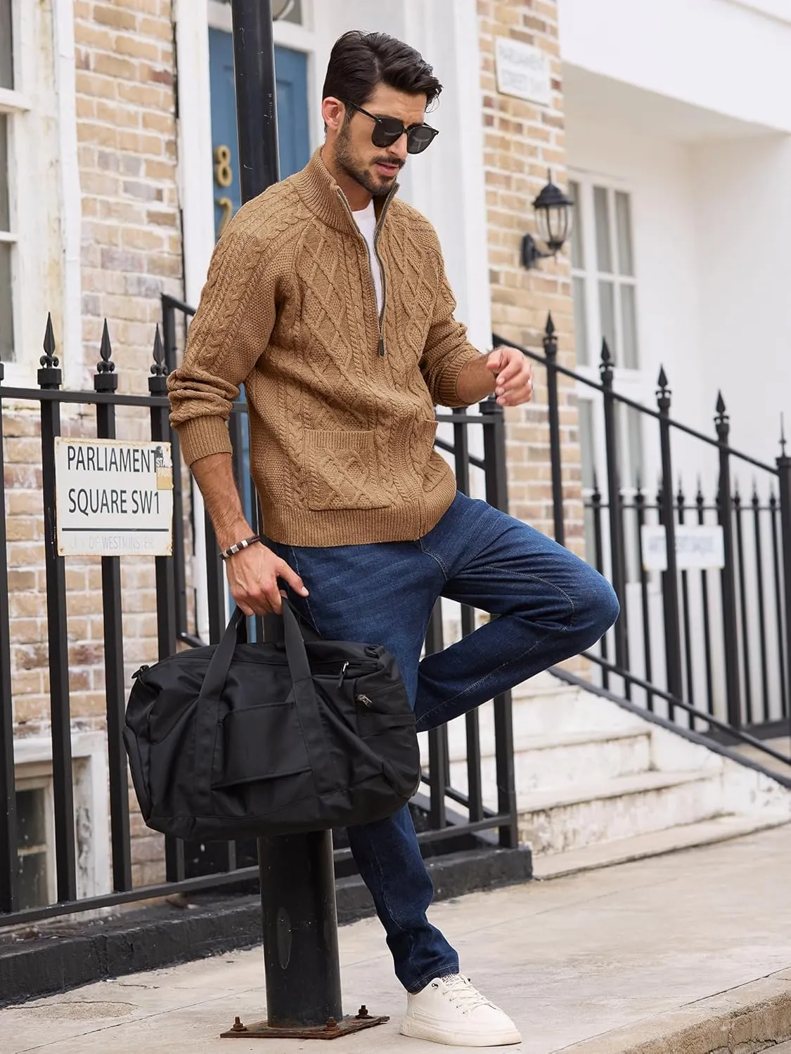 Comdecevis Men's Cardigan Sweaters Full Zip Up Stand Collar Slim Fit Cable Knitted Sweater with Pockets