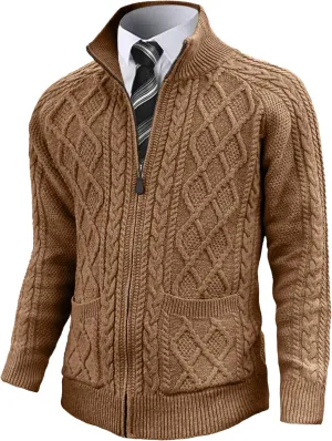 Comdecevis Men's Cardigan Sweaters Full Zip Up Stand Collar Slim Fit Cable Knitted Sweater with Pockets