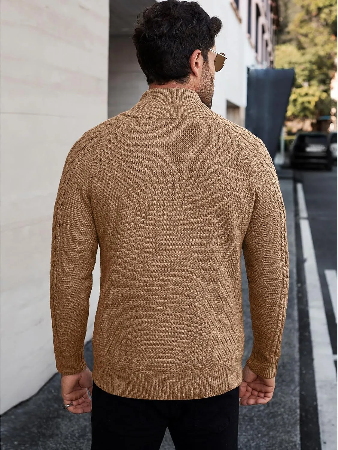 Comdecevis Men's Cardigan Sweaters Full Zip Up Stand Collar Slim Fit Cable Knitted Sweater with Pockets