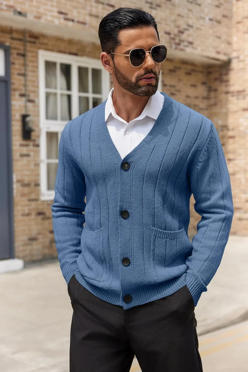 COOFANDY Men's Cardigan Sweater Cable Knit V Neck Button up Sweaters Ribbed Cardigan Sweater with Pockets