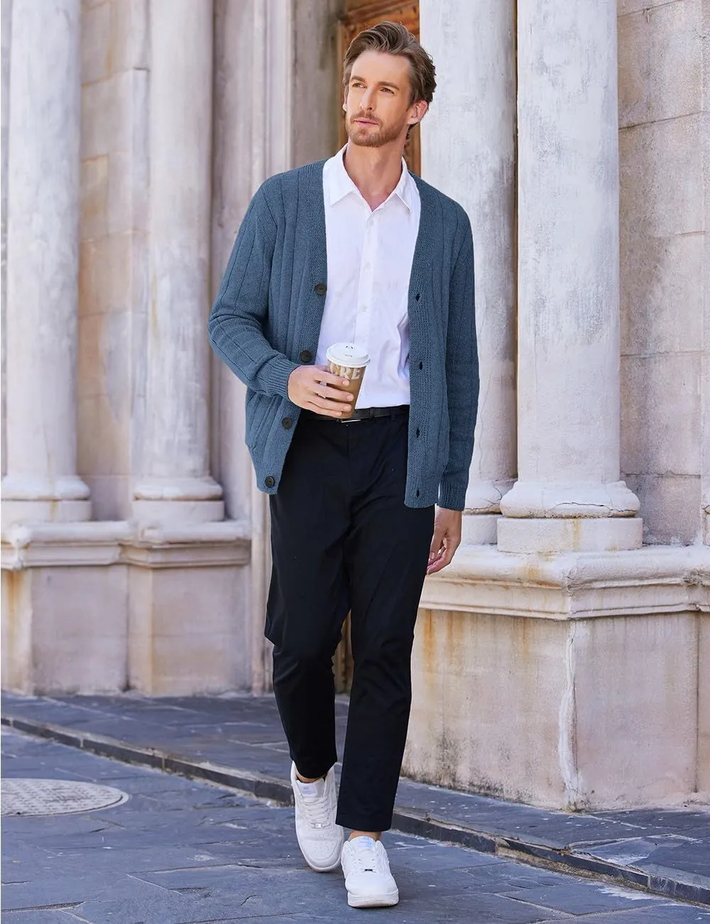 COOFANDY Men's Cardigan Sweater Cable Knit V Neck Button up Sweaters Ribbed Cardigan Sweater with Pockets