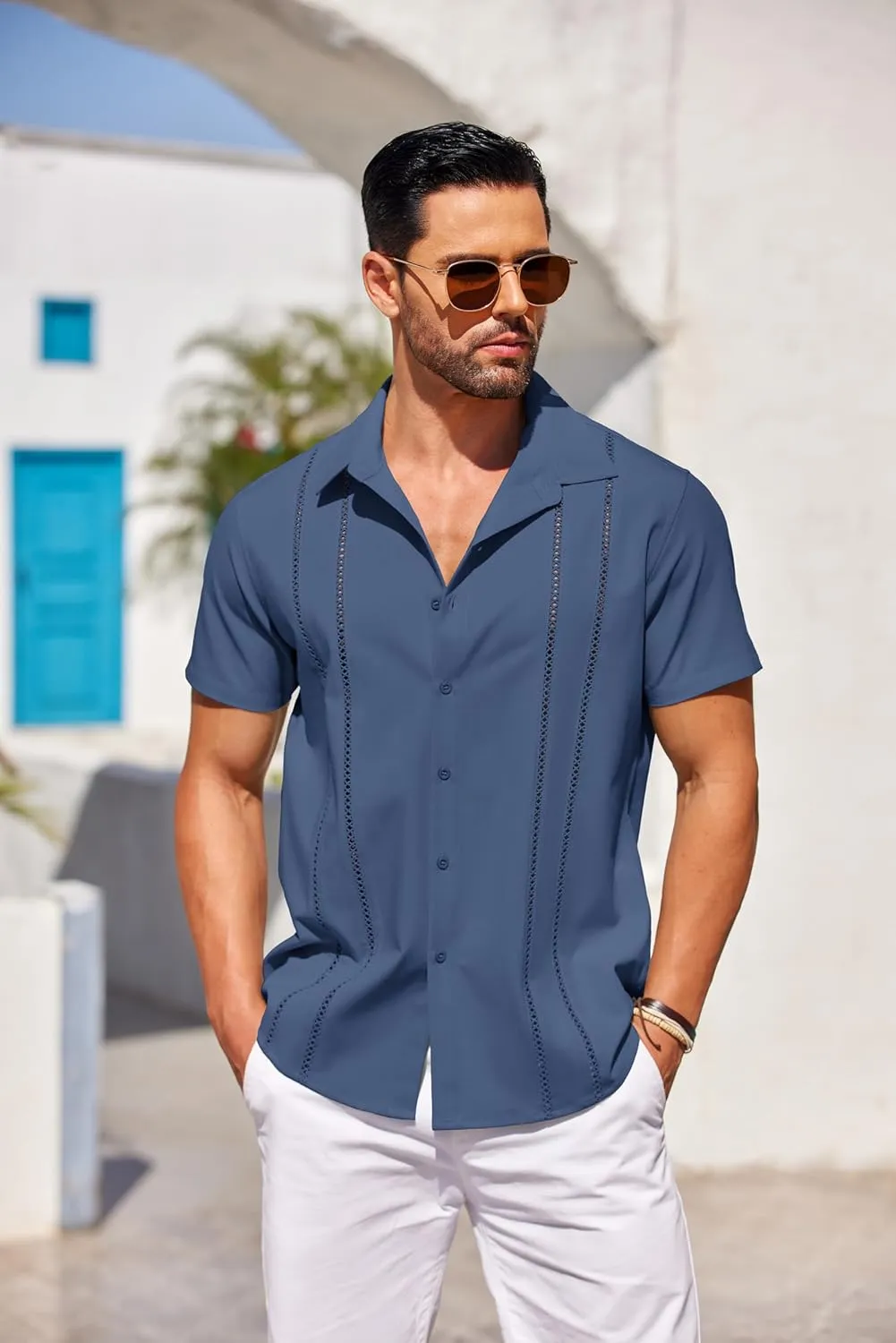 COOFANDY Men's Cuban Guayabera Shirt Short Sleeve Button Down Shirts Casual Summer Beach Linen Shirts
