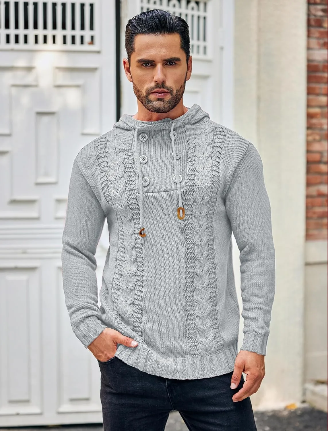 COOFANDY Men's Knitted Hoodies Pullover Casual Long Sleeve Turtleneck Sweaters