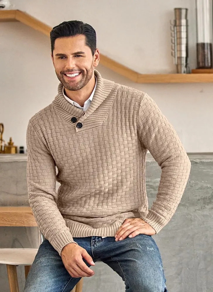 COOFANDY Men's Shawl Collar Pullover Sweater Casual Slim Fit Button Textured Knit Sweaters