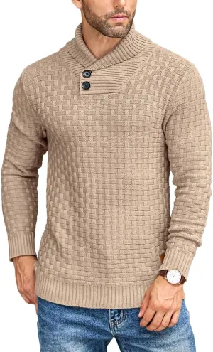 COOFANDY Men's Shawl Collar Pullover Sweater Casual Slim Fit Button Textured Knit Sweaters