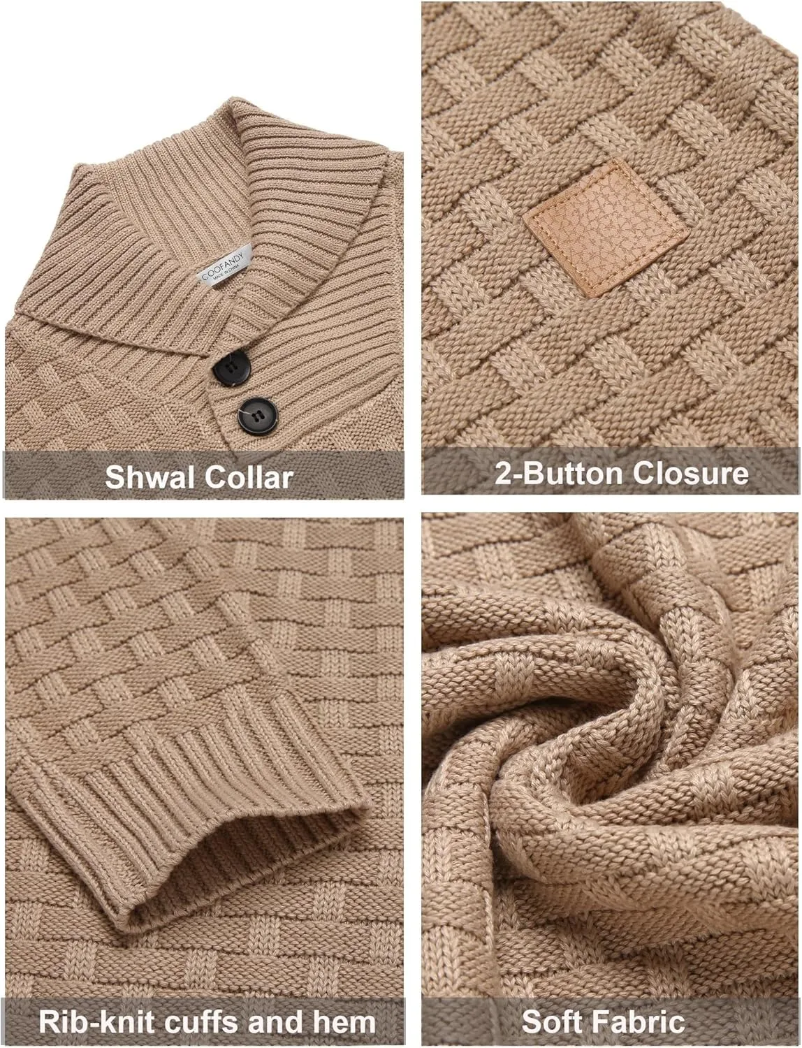 COOFANDY Men's Shawl Collar Pullover Sweater Casual Slim Fit Button Textured Knit Sweaters
