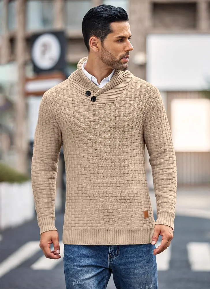 COOFANDY Men's Shawl Collar Pullover Sweater Casual Slim Fit Button Textured Knit Sweaters