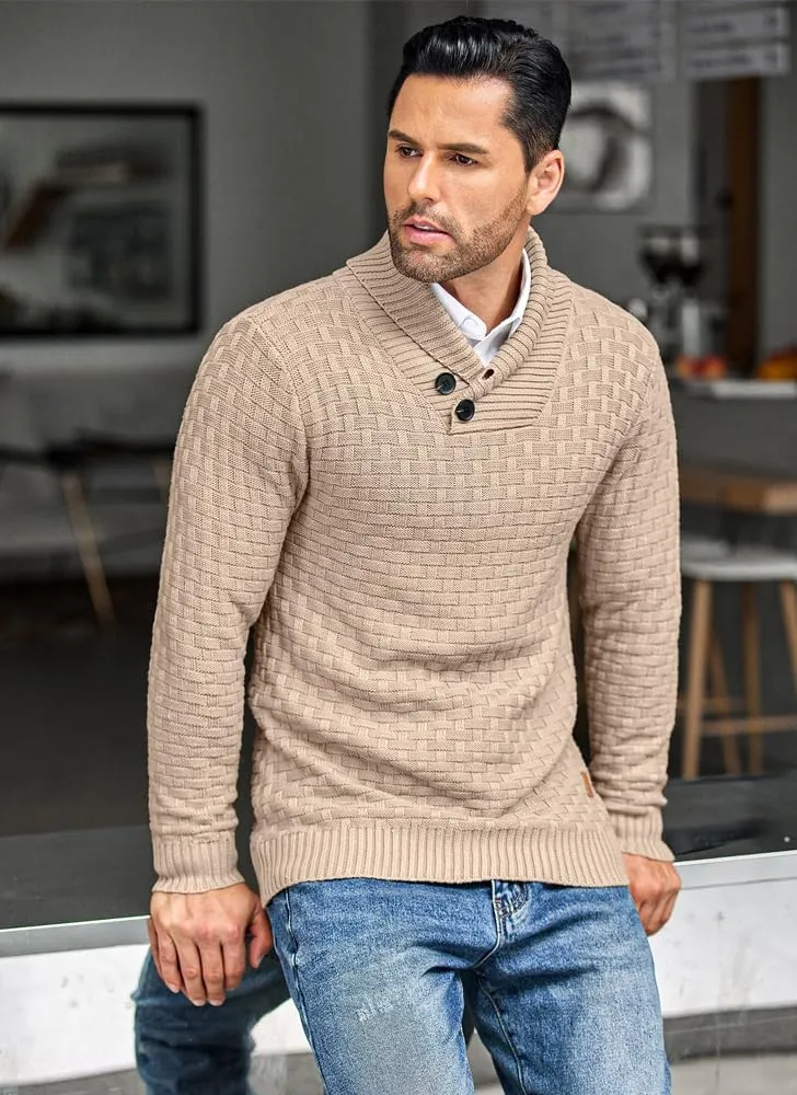 COOFANDY Men's Shawl Collar Pullover Sweater Casual Slim Fit Button Textured Knit Sweaters