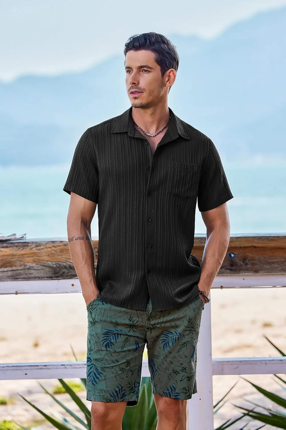COOFANDY Men's Short Sleeve Casual Button Down Shirts Textured Summer Beach Shirt with Pocket