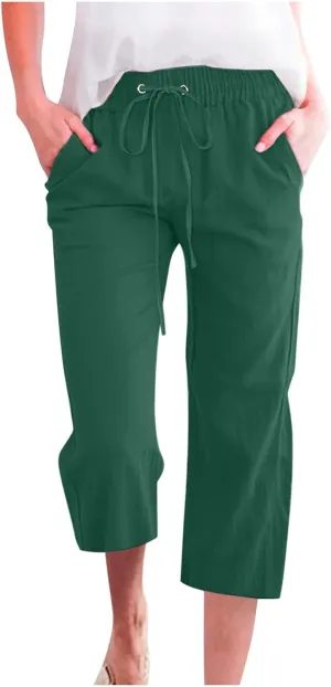 Cotton Linen Capris for Women Straight Leg Casual Summer Beach Pants Elastic Waist Pull On Capri Pants with Pockets