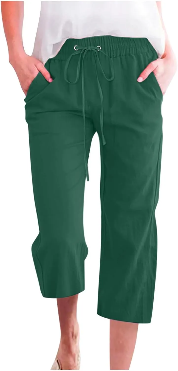 Cotton Linen Capris for Women Straight Leg Casual Summer Beach Pants Elastic Waist Pull On Capri Pants with Pockets