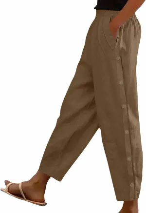 Cotton Linen Pants for Women Loose Fit Buttons Wide Leg Pants Drawstring Elastic Trousers Straight Leg Pants with Pockets