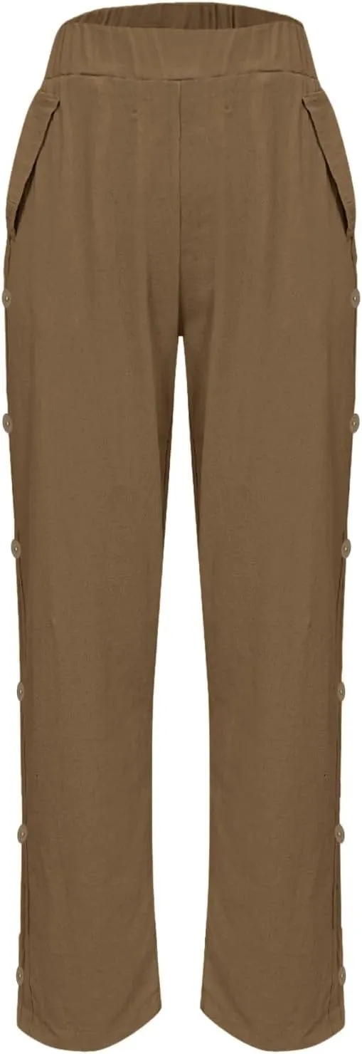 Cotton Linen Pants for Women Loose Fit Buttons Wide Leg Pants Drawstring Elastic Trousers Straight Leg Pants with Pockets