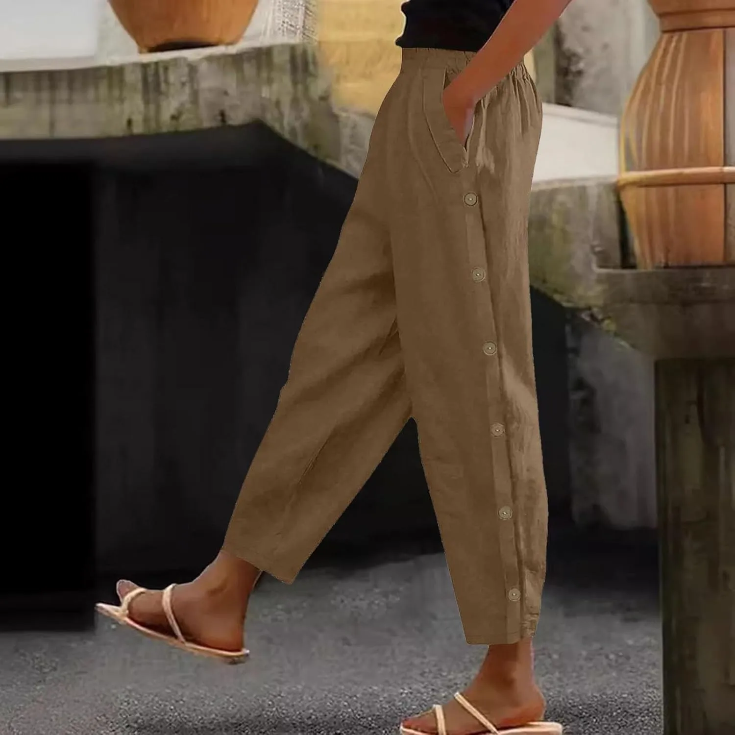 Cotton Linen Pants for Women Loose Fit Buttons Wide Leg Pants Drawstring Elastic Trousers Straight Leg Pants with Pockets