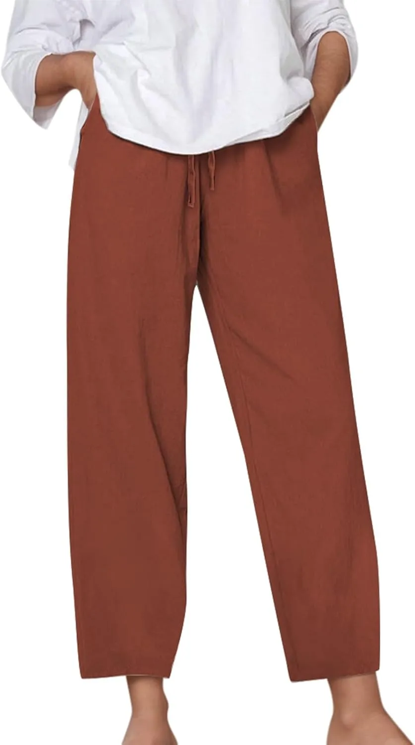 Cotton Linen Pants for Women Summer Casual Capri Pants Waist Elastic Comfy Loose Women's Palazzo Trousers with Pockets