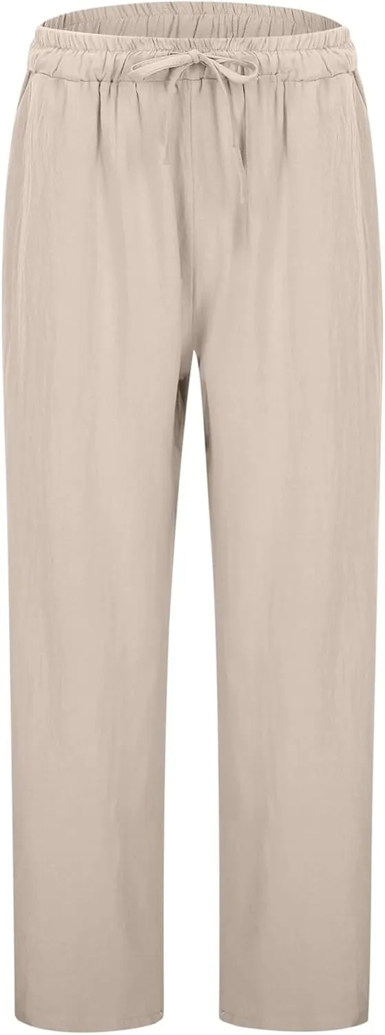 Cotton Linen Pants for Women Summer Casual Capri Pants Waist Elastic Comfy Loose Women's Palazzo Trousers with Pockets