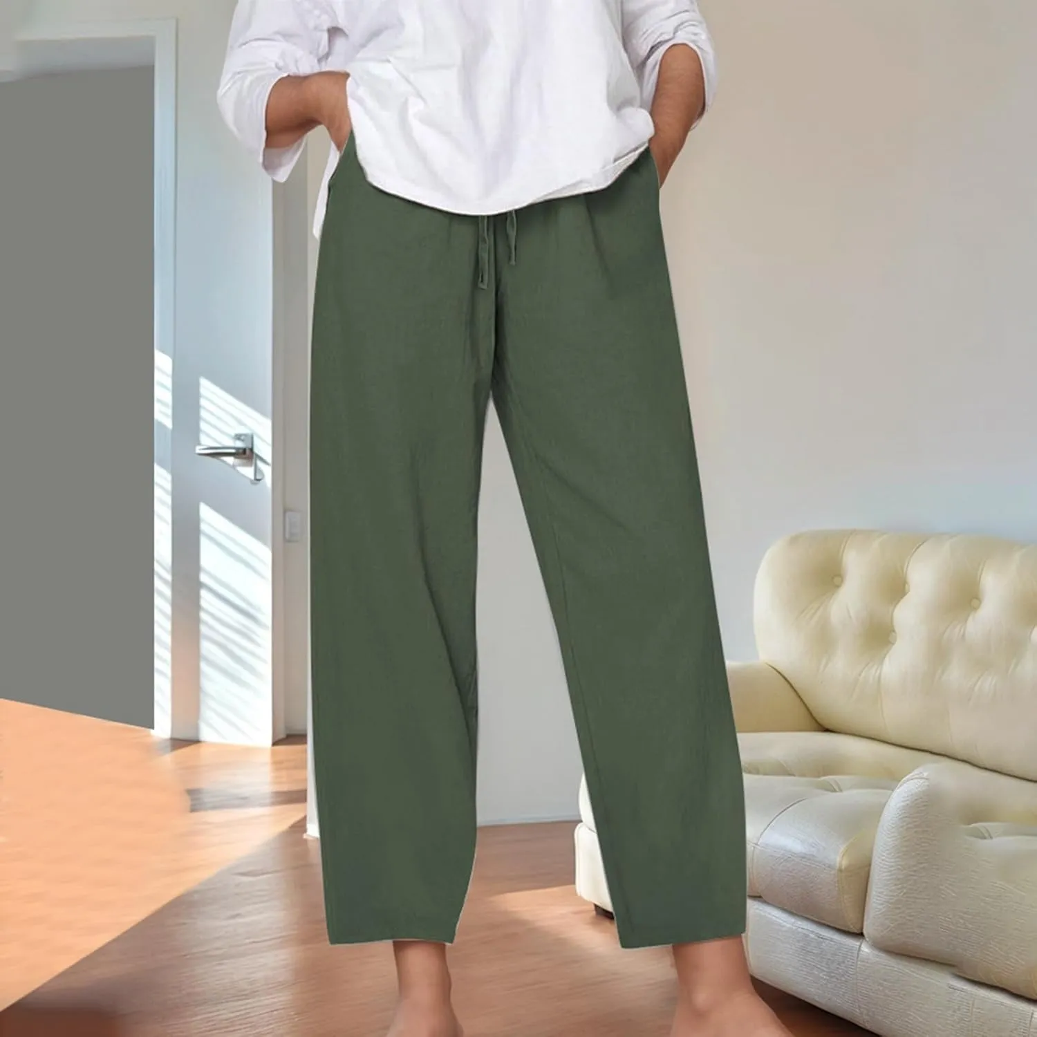 Cotton Linen Pants for Women Summer Casual Capri Pants Waist Elastic Comfy Loose Women's Palazzo Trousers with Pockets