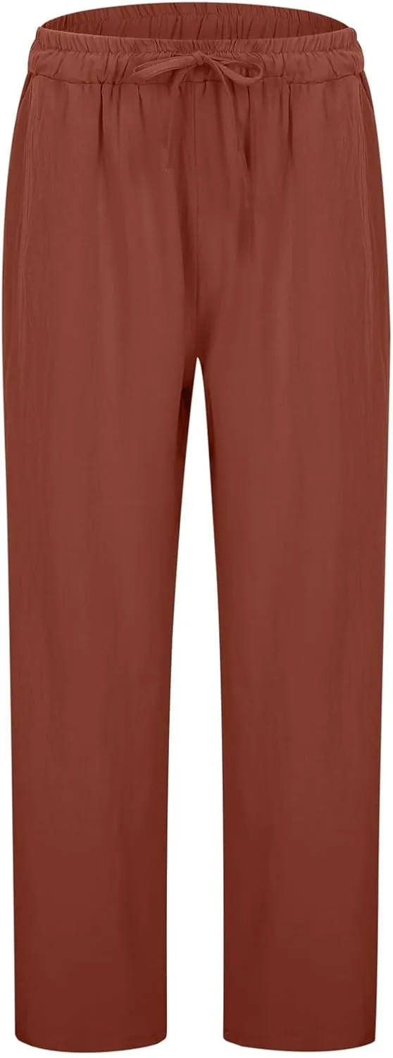 Cotton Linen Pants for Women Summer Casual Capri Pants Waist Elastic Comfy Loose Women's Palazzo Trousers with Pockets