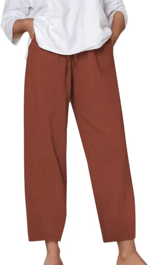 Cotton Linen Pants for Women Summer Casual Capri Pants Waist Elastic Comfy Loose Women's Palazzo Trousers with Pockets