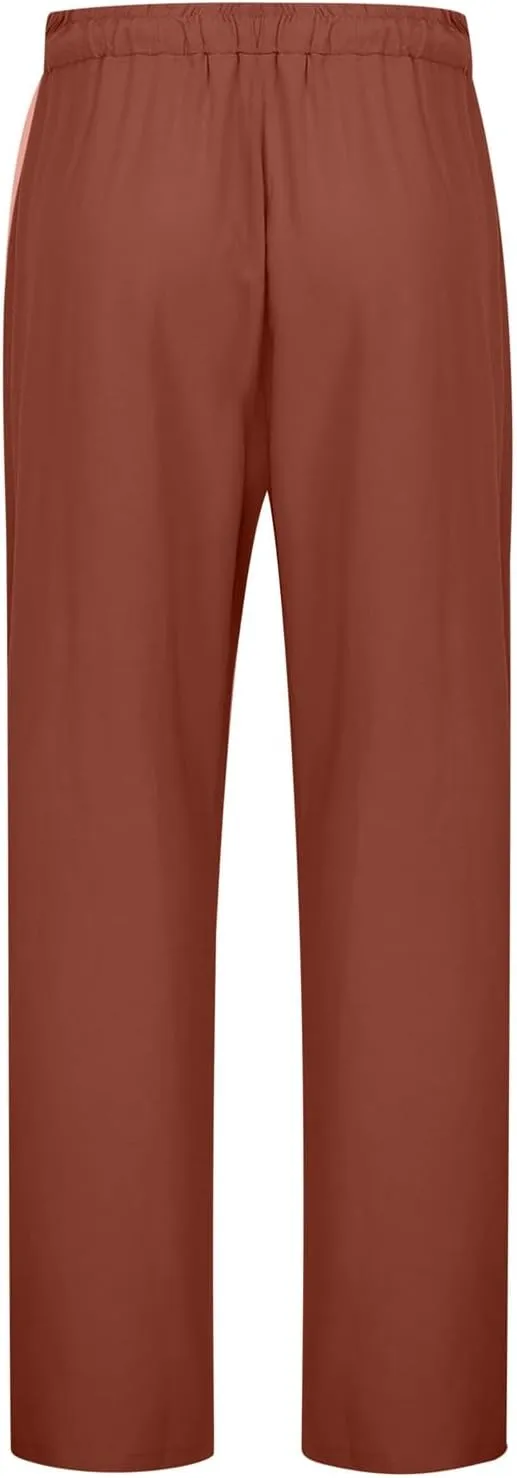 Cotton Linen Pants for Women Summer Casual Capri Pants Waist Elastic Comfy Loose Women's Palazzo Trousers with Pockets