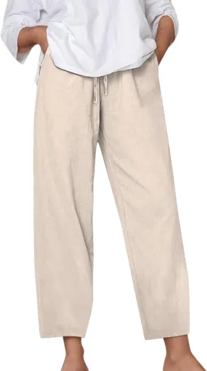 Cotton Linen Pants for Women Summer Casual Capri Pants Waist Elastic Comfy Loose Women's Palazzo Trousers with Pockets