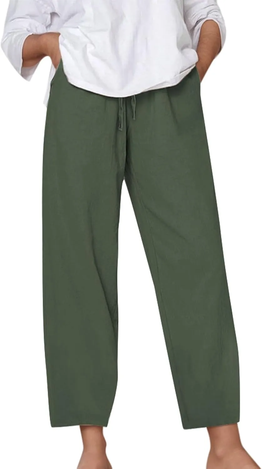 Cotton Linen Pants for Women Summer Casual Capri Pants Waist Elastic Comfy Loose Women's Palazzo Trousers with Pockets