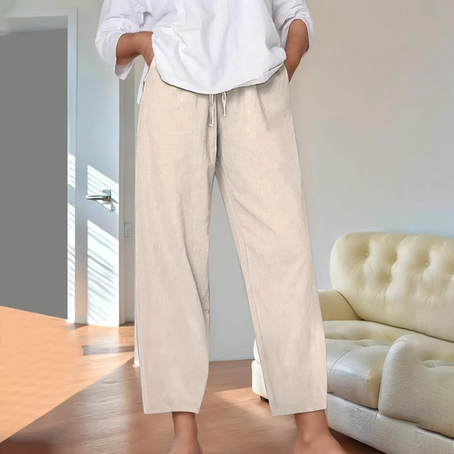 Cotton Linen Pants for Women Summer Casual Capri Pants Waist Elastic Comfy Loose Women's Palazzo Trousers with Pockets