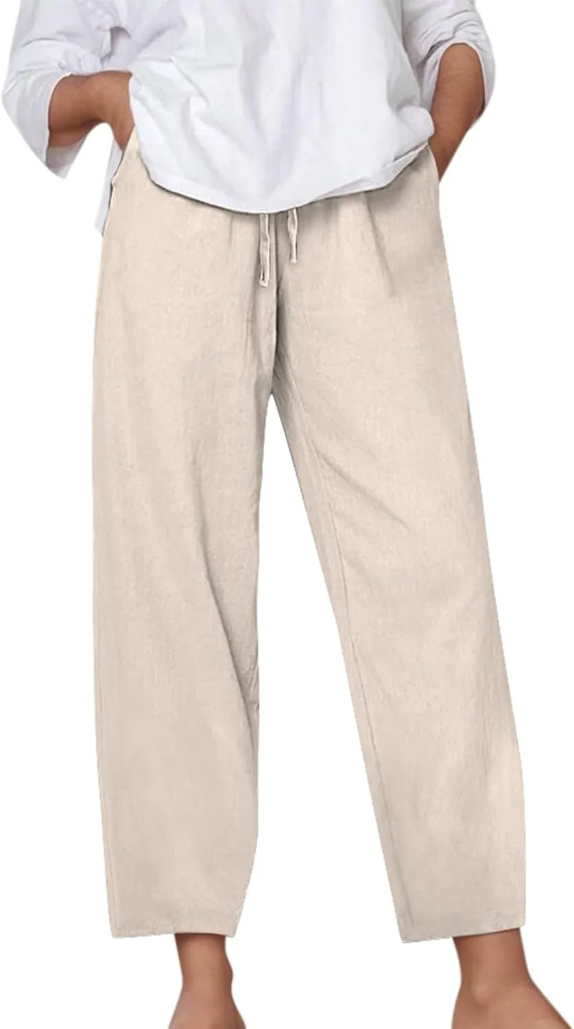 Cotton Linen Pants for Women Summer Casual Capri Pants Waist Elastic Comfy Loose Women's Palazzo Trousers with Pockets